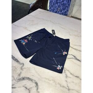 NEW LARGE Navy Blue Shorts Vibrant Abstract Paint-splatter Graphics Showroom